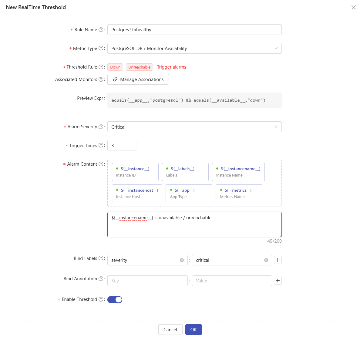 Apache HertzBeat threshold creation form. The form asks for the underlying monitor metrics we want the threshold to evaluate against, as well as the alarm conditions.