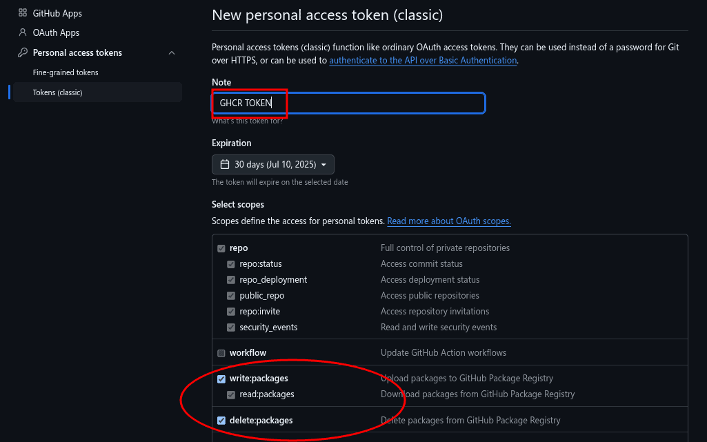 GitHub personal access token creation with write:packages and delete:packages selected