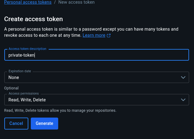 Docker Hub personal access token creation form with fields for token description, expiration date, and permissions
