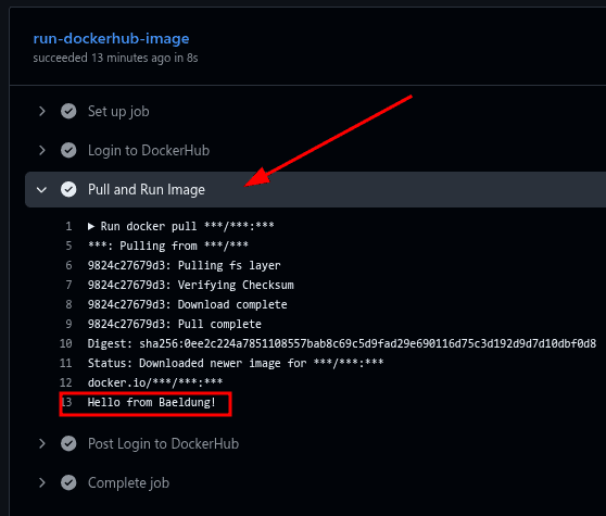 GitHub Actions workflow output showing successful container image pull and execution with 'Hello from Baeldung!' message