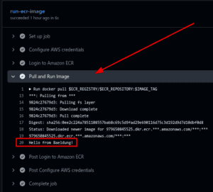 GitHub Actions workflow output showing successful container image pull and execution with 'Hello from Baeldung!' message