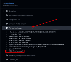 GitHub Actions workflow output showing successful container image pull and execution with 'Hello from Baeldung!' message