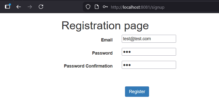 Registration page for the new user. You can fill email and your password