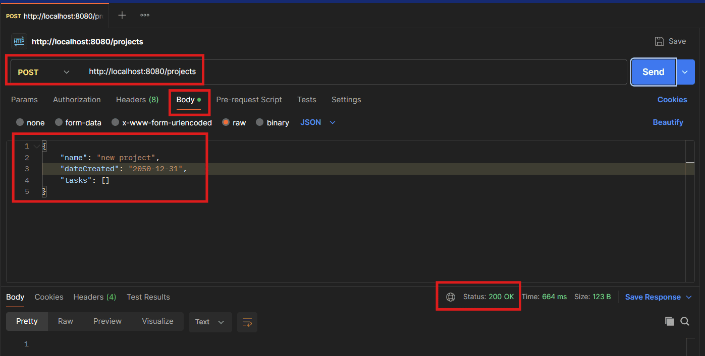 POST request to create a new project from Postman